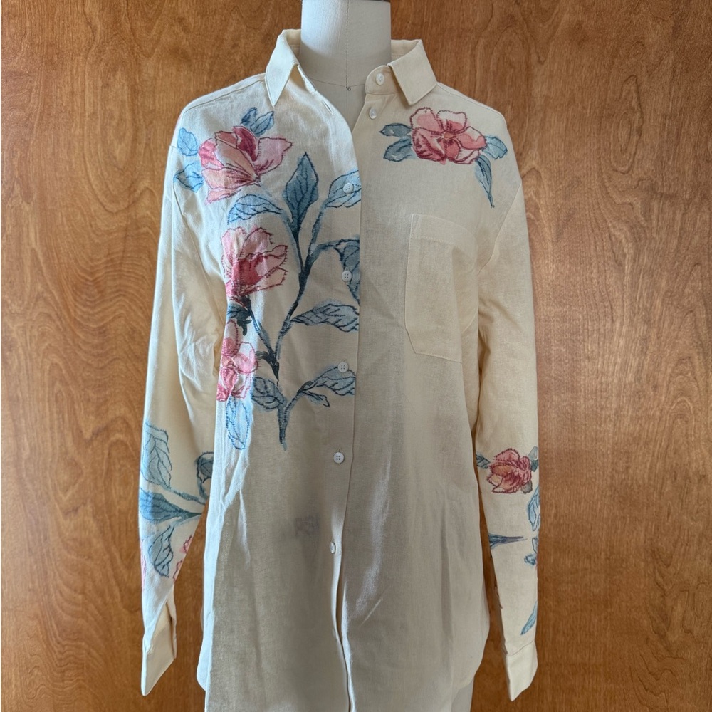 NWT Sézane Floral Linen Button-Down Shirt | French Chic
